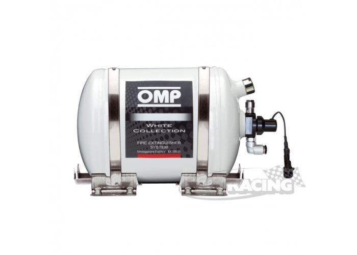 OMP-Feuerlöschanlage FIA, 2,8 ltr. EcoLife, White Collection, Aluminium Behälter, elektrische Betätigung